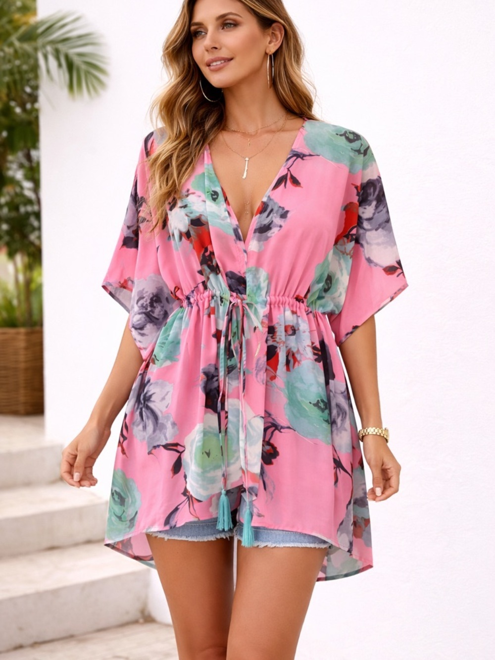 Women's Pink Floral Swim Cover-Up Kimono with Draw String Resort Wear